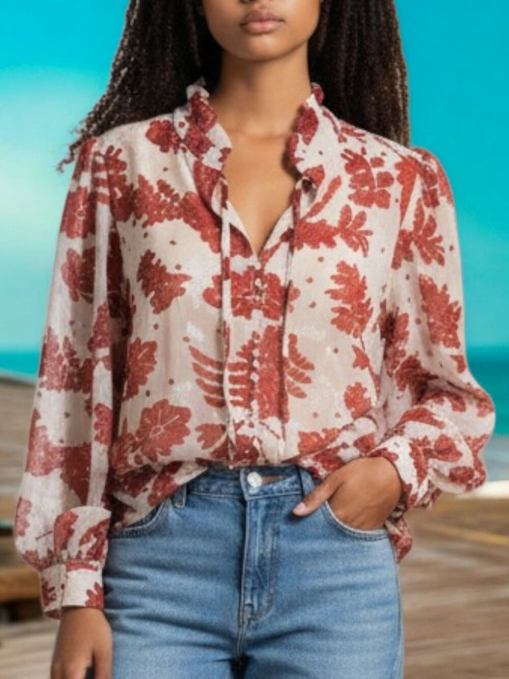 NWOT BALTIC BORN (MED) Semi Sheer Lined Floral Satin Inlay Career/Casual Blouse